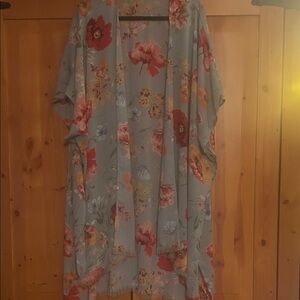Umgee Light Blue Floral Kimono with Red and Pink Blooms